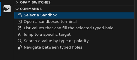 VSCode UI OCaml Platform COMMANDS list, with “Select a Sandbox” selected